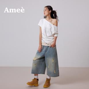 Amee复古千禧烫钻斜肩上衣宽松慵懒露肩印花短袖T恤