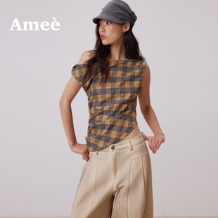 Amee复古格纹斜肩设计感纽结修身上衣女显瘦无袖露肩不规则背心