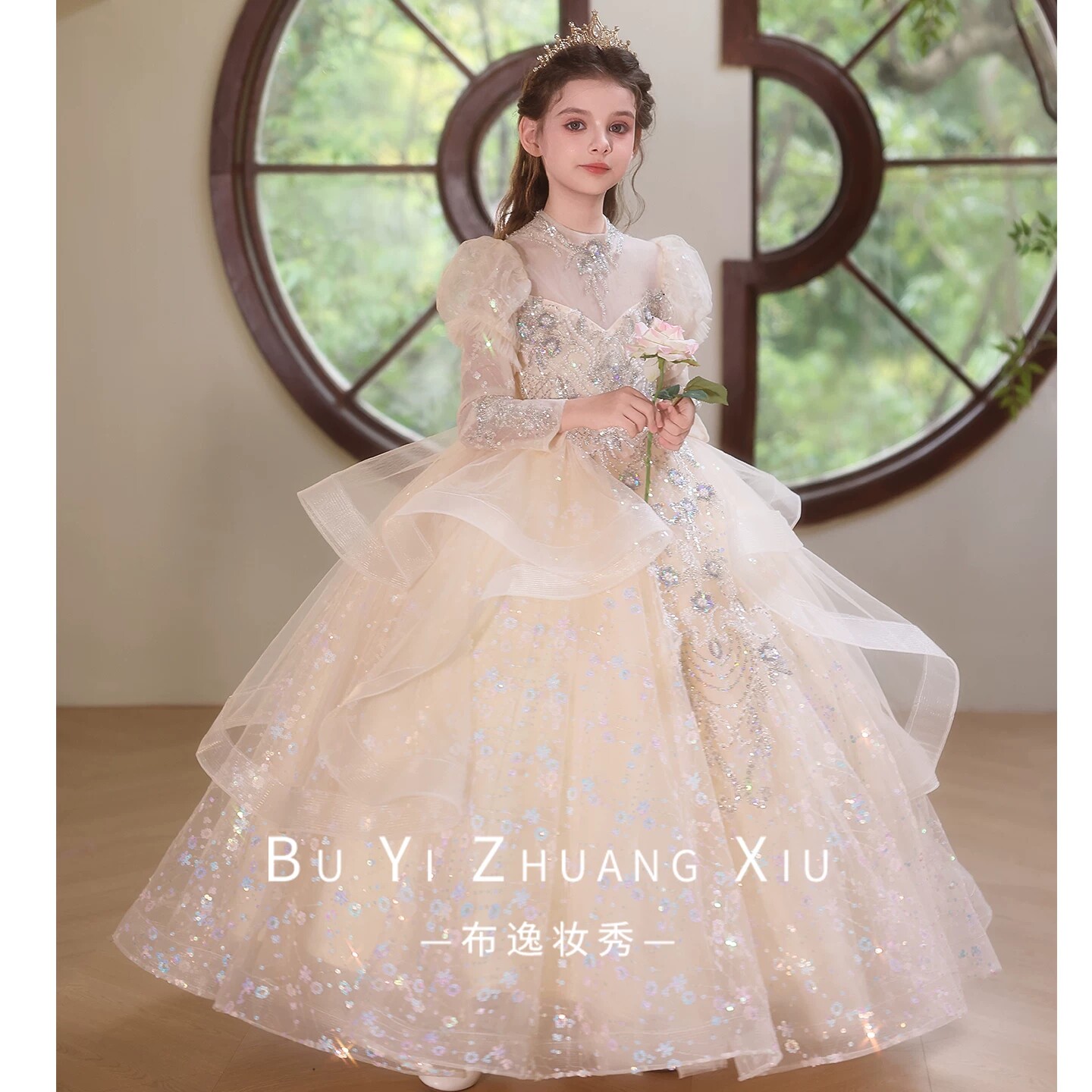 出租女童香槟色长袖高级感婚礼花童公主裙钢琴演出服儿童生日礼服