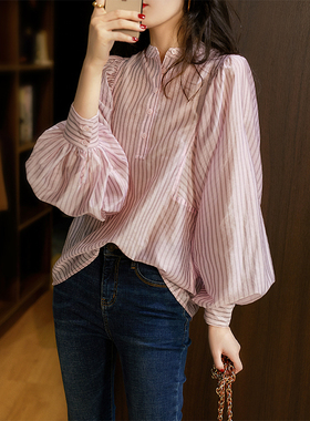の笑涵阁 新款法式宫廷风条纹立领泡泡袖衬衫女灯笼袖 XY293708AG