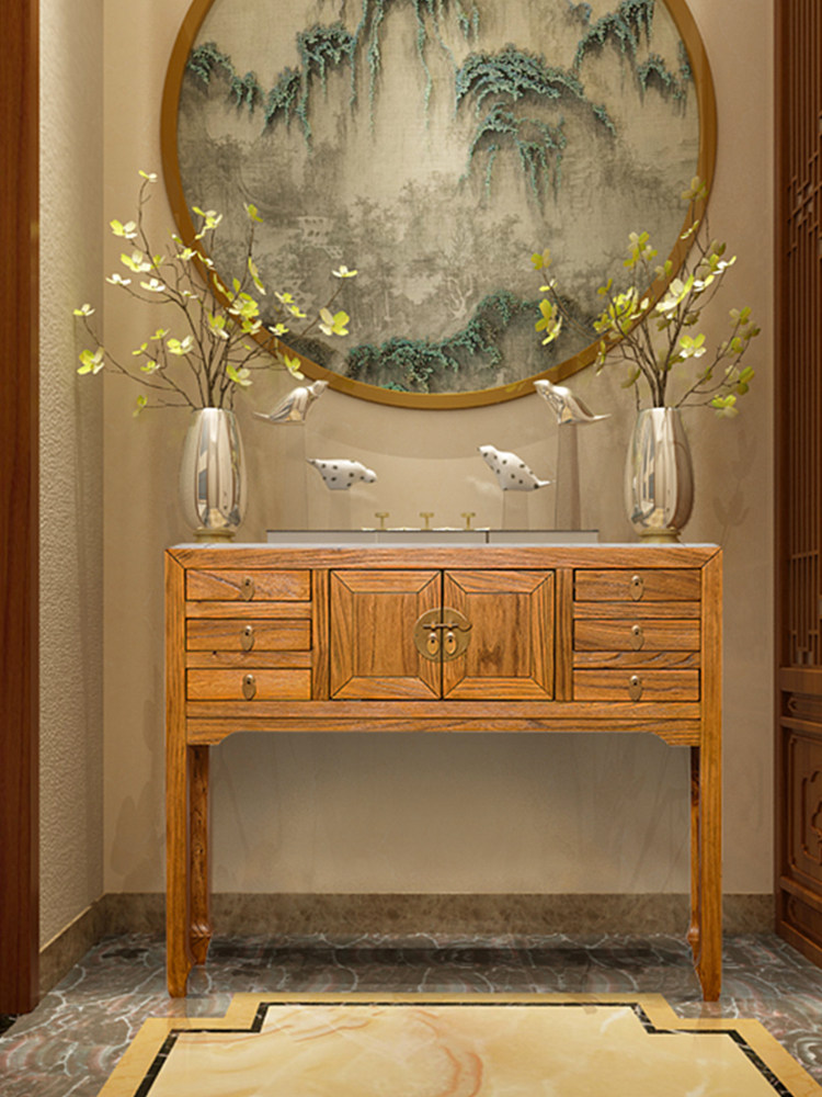 实木玄关柜装饰柜柜子老榆木新中式玄关台简约条几条案进门玄关桌