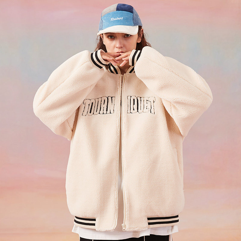 tnqt心碎创可贴 基础简约复古绣花潮流颗粒绒毛绒外套男棒球服女