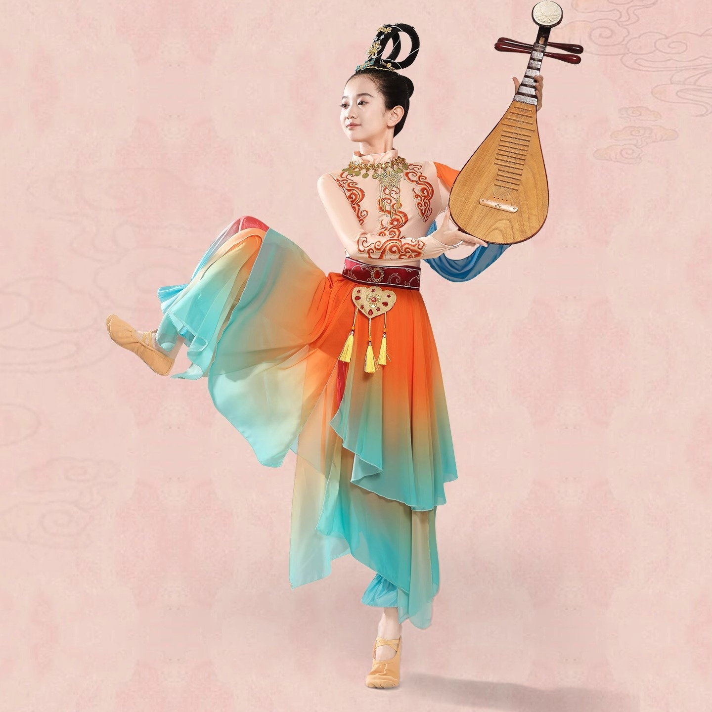 敦煌飞天汉服女童丝路升莲舞蹈服敦煌元素表演服儿童琵琶演出服装