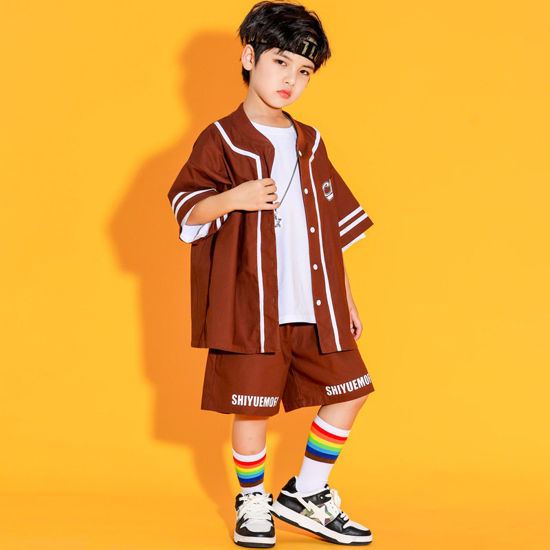 夏季嘻哈酷帅衬衫套装男童街舞套装短袖咖色潮流儿童架子鼓表演服