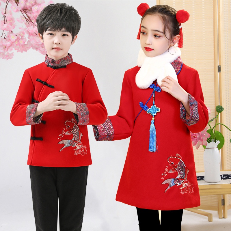 儿童唐装男童汉服拜年服套装加厚秋冬装男女宝宝新年装中国风童装