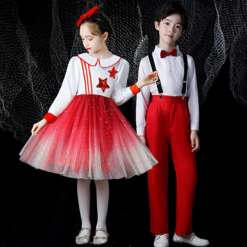儿童合唱演出服中小学生大合唱团体服装男女童诗歌朗诵纱裙表演服