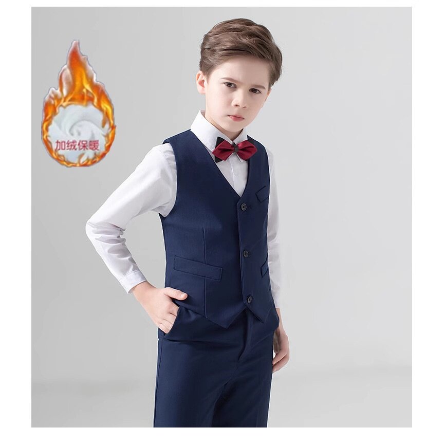 男童礼服加绒白衬衫黑西裤马甲花童背带裤子儿童主持人合唱演出服