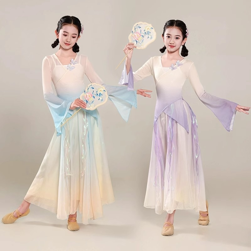 儿童古典舞演出服飘逸纱衣中国风舞蹈服装女童练功服扇子舞表演服