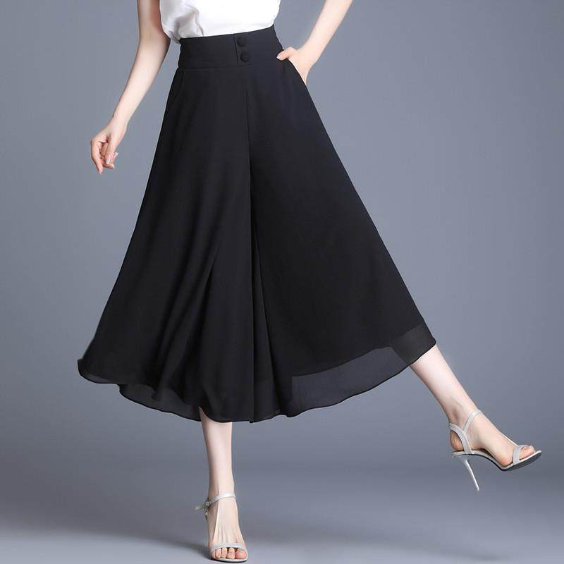 裙裤女夏新款2024爆款黑色七分小个子裤子宽松垂感薄款雪纺阔腿裤