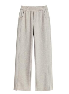 灰色直筒裤女秋冬加绒裤子女冬季加厚人字纹毛呢女裤窄版阔腿裤女