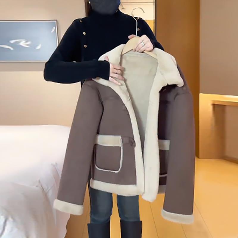 百搭洋气麂皮绒皮毛一体外套女2024秋冬季小个子保暖加厚长袖上衣