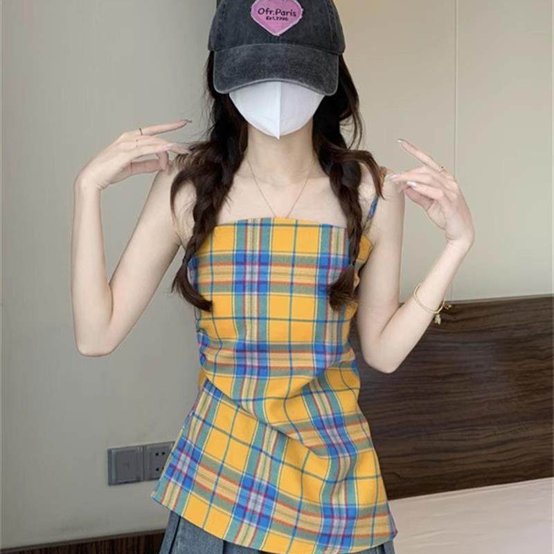 小吊带背心女2025夏季新款爆款泰式独特多巴胺格子掐腰短上衣外穿