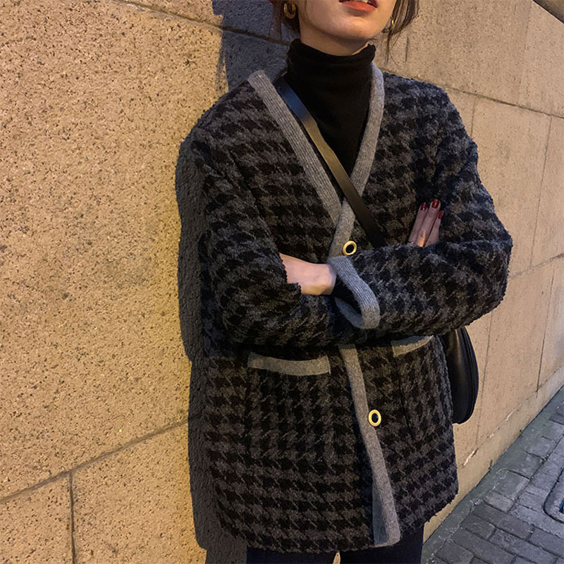 小香风洋气粗花呢千鸟格子外套女秋冬加厚夹棉宽松百搭上衣ins潮