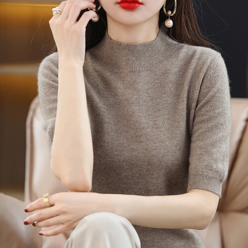 春秋半高领五分袖羊毛针织衫女中袖毛衣打底衫套头半袖外穿薄上衣