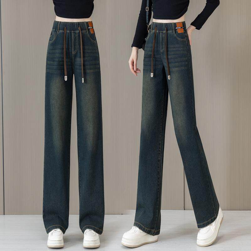 松紧腰直筒牛仔裤女夏薄款2025新款高腰宽松垂感拖地窄版阔腿裤子