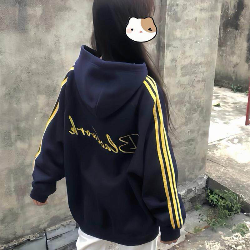 美式覆古三条杠连帽卫衣女大童秋冬新款初中高中学生宽松加绒外套