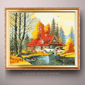 饰油彩画新款 欧式 数字油画diy填色风景森林小木屋田园手工客厅装