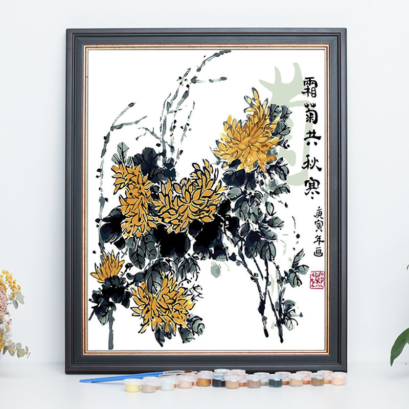 新款diy数字油画梅花植物花卉古典国风手绘减压填色装饰油彩挂画