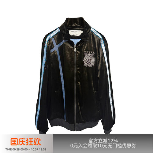 先验十字刺绣蓝织带丝绒夹克