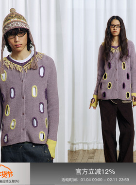 APRIORITY先验 洞穴镂空羊毛混纺毛线圈领口撞色针织开衫外套