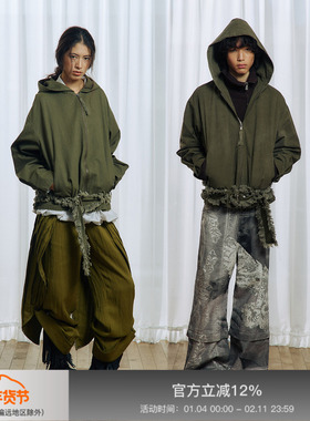 APRIORITY先验 炒色做旧毛边流苏拉链大兜帽珠矾连帽夹克