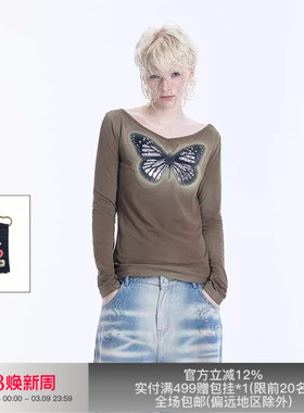 APRIORITY先验 珠片镂空刺绣V领喷色复古秋季原创设计蝴蝶T恤