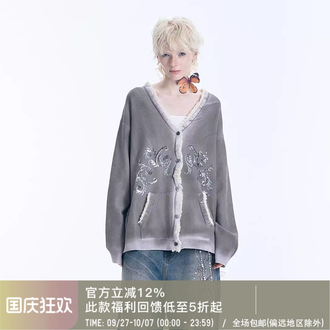 APRIORITY先验 浮士德开衫针织卫衣珠片绣蕾丝卷边做旧喷色外套