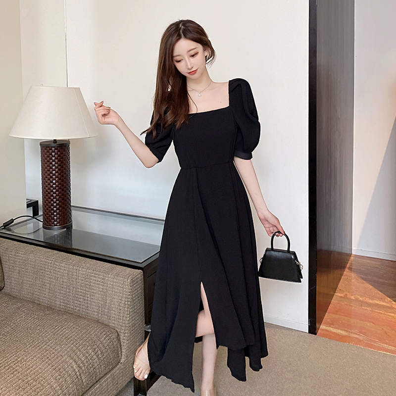Real price 2021 new dress women's French retro Hepburn style slim square collar split dress long skirt