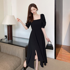 Real price 2021 new dress women's French retro Hepburn style slim square collar split dress long skirt