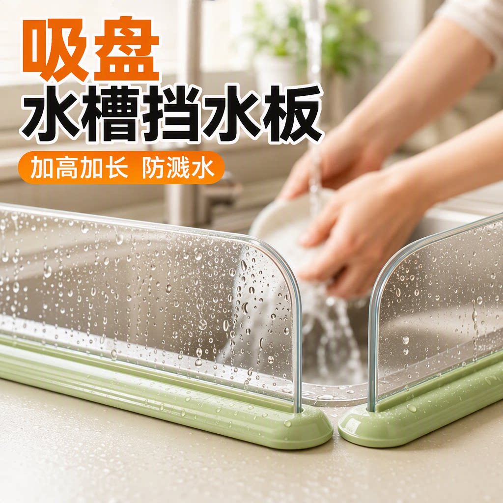 吸盘式水槽挡水板厨房洗菜洗碗防溅水家用洗手池台面隔水挡板透明