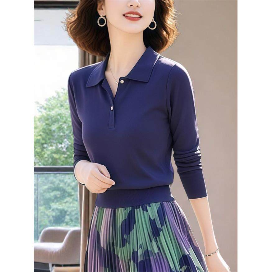 MONLOUVE时尚翻领针织衫上衣配印花百褶半身裙套装修身显瘦女装春