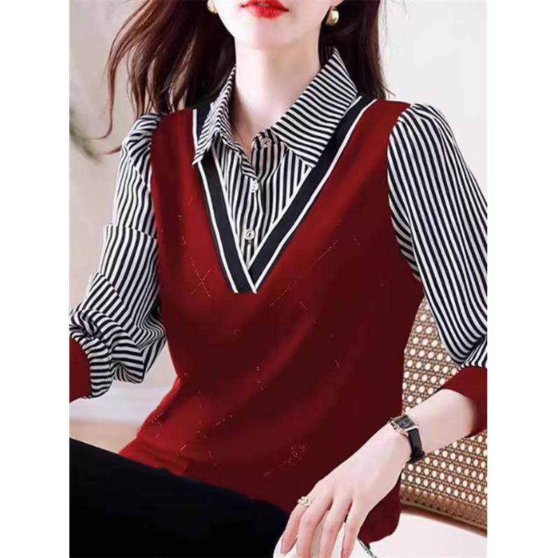MONLOUVE高档条纹拼接长袖衬衫女洋气翻领衬衣时尚假两件上衣2025