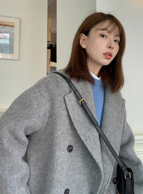 高支澳毛！高级感麻灰色翻领双面呢子大衣外套女冬长款156小个子