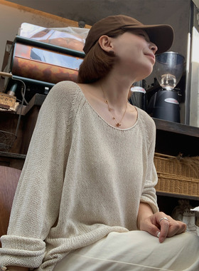 333sss 松驰感拉满～米色宽松粗棒针镂空套头卷边毛衣针织衫女秋