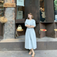 简约通勤圆领短袖 333sss chao美薄荷蓝～优雅法式 收腰连衣裙长裙