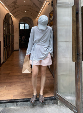 333sss 防晒肯豆T恤～舒适透气宽松系带长袖tee～夏季灰色罩衫