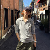 333sss气质老钱风黑色灰色翻领polo领长袖 T恤上衣女上衣打底衫