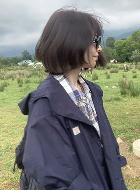 333sss 太好穿了!日系藏蓝棉质宽松轻薄衬衫式连帽外套女短款休闲