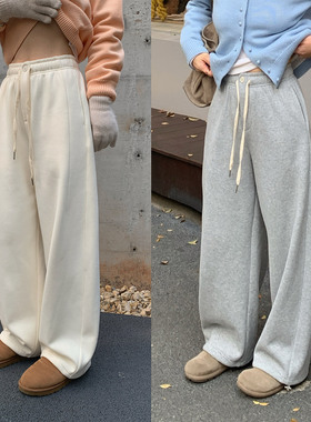 333sss 加厚加绒 小个子米白灰色宽松紧腰休闲卫裤阔腿裤子女冬