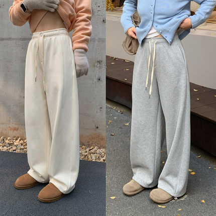 333sss 加厚加绒 小个子米白灰色宽松紧腰休闲卫裤阔腿裤子女冬