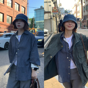 333sss叠穿好看！宽松轻薄拼色撞色格子衬衫女秋长袖衬衣