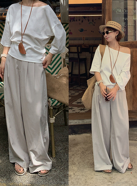 333sss 米灰色宽松气质简约通勤轻薄西装裤拖地阔腿裤子女休闲裤