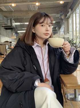 333sss 两面穿！黑色宽松连帽中长款工装白鸭绒羽绒服外套女