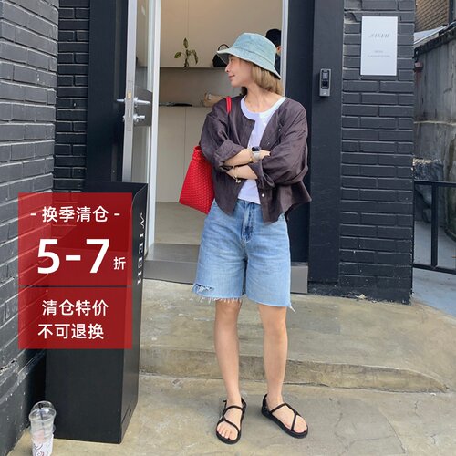 333sss 时髦洋气～浅蓝破洞毛边五分牛仔中裤女夏宽松短裤休闲裤