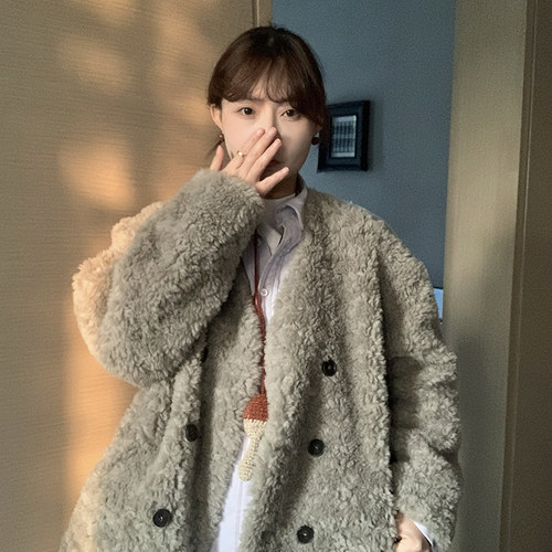 v领仿皮毛一体毛毛外套女中长款