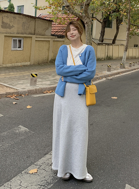 时髦懒人卫裙～好穿到不想脱～灰色半身裙长裙子女冬季 显瘦显高