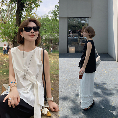 简约气质通勤黑白色无袖亚麻上衣