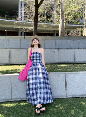 jue美度假风～小流苏蓝色格子抹胸裙连衣裙长裙夏高级感小个子