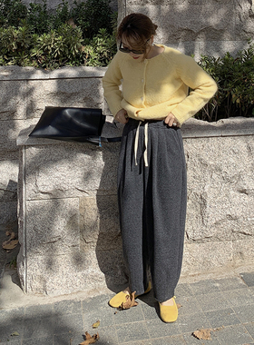 深灰色加厚抽绳卫裤奶奶裤女冬松紧腰显瘦九分萝卜裤休闲裤毛呢裤