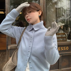 333sss 绝美蓝色翻领高领单排扣羊毛毛衣开衫针织衫上衣女冬新款